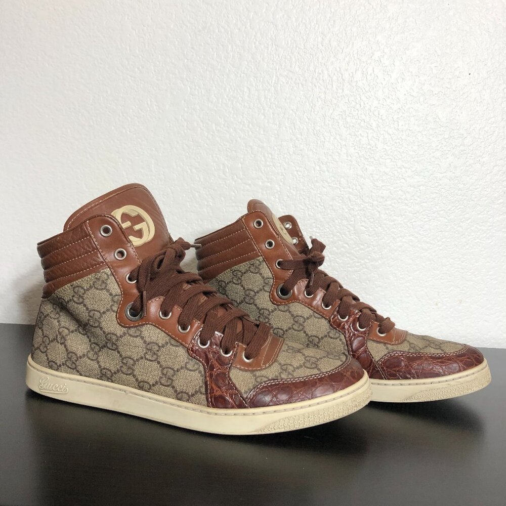 SOLD Gucci 224778 GG Imprime High Top Authentic Brown Crocodile Trim Men’s 8.5 - Picture 3 of 13